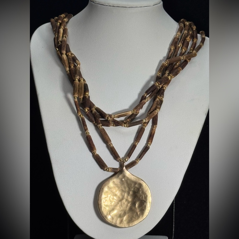 J Jill Wood Beaded Multi Strand Adjustable Necklace W/ Gold Tone Pendant